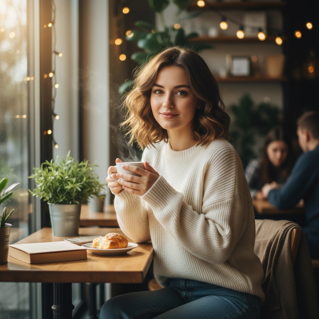 Una donna sorridente con un maglione bianco tiene in mano una tazza fumante in un caffè accogliente.